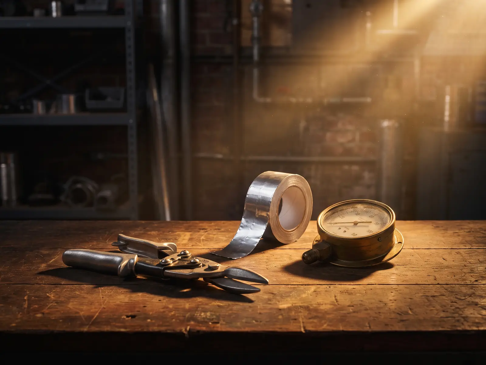 Tin snips, foil tape and a pressure gauge on a workshop bench