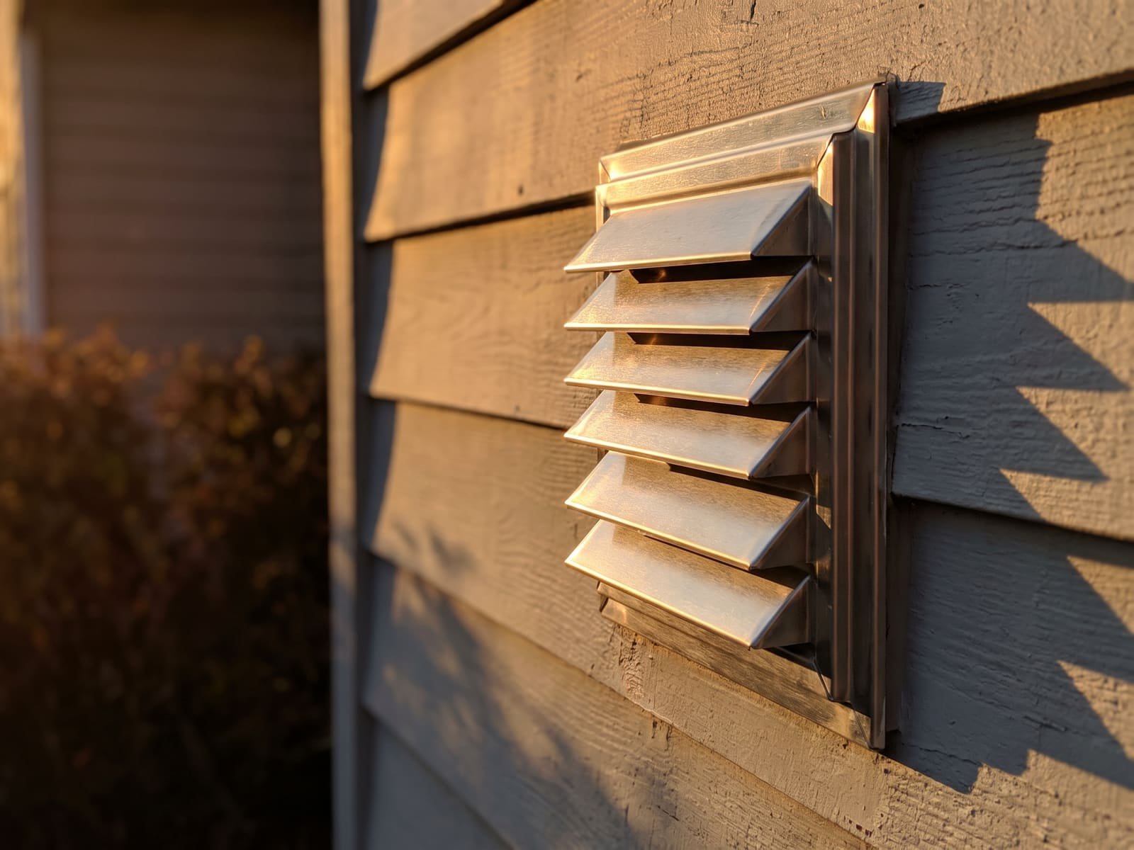 Brushed steel exterior dryer vent louver installed on lap siding