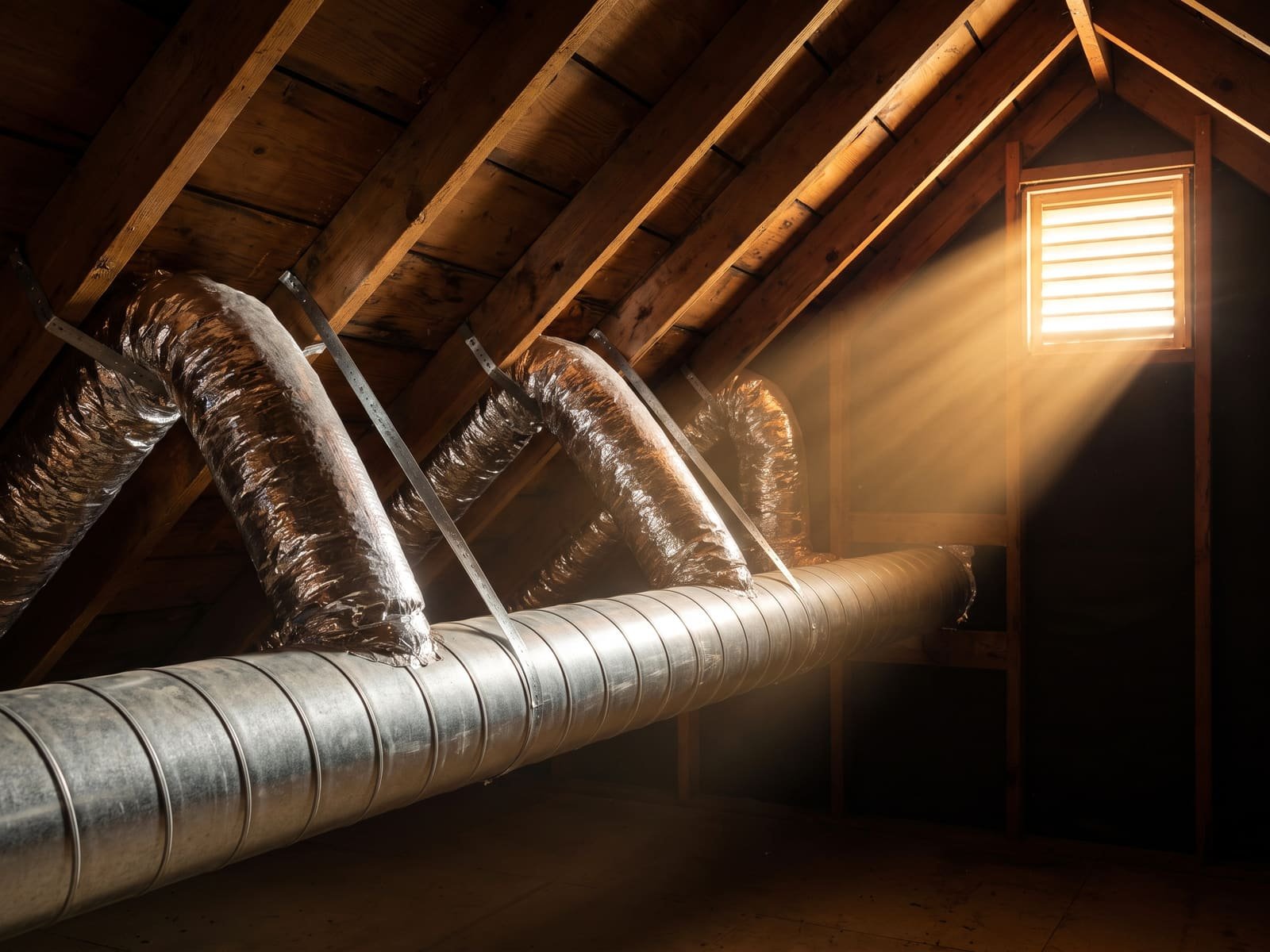 Spiral trunk duct with insulated flex branches installed in a clean attic